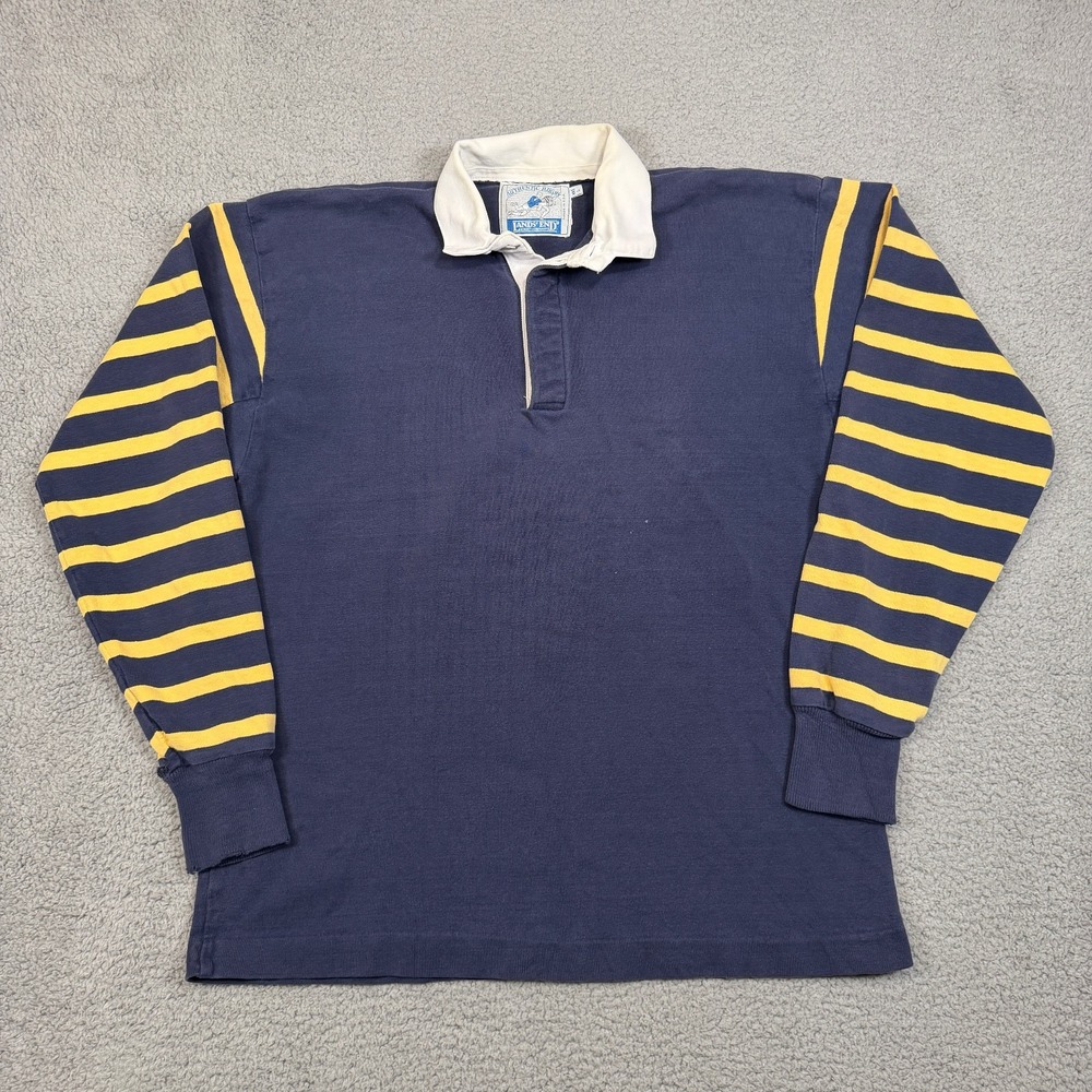 Vintage Lands End Rugby Shirt Mens L Heavy Cotton Polo Striped 90s Made in USA